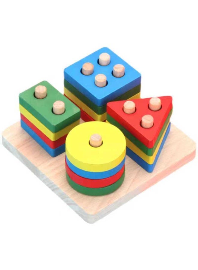HIFINIT Montessori Wooden Shape Sorter Stacking Toy – Educational Peg Puzzle for Kids (4 Shapes, Colorful) - Image 1